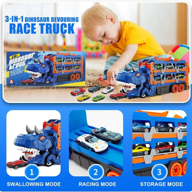 Dinosaur Truck Toy + 12 Racecars